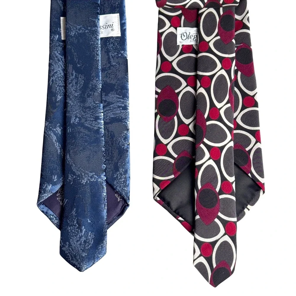 Oleg Cassini Mens Silk Tie Bundle Blue Abstract Floral & Burgundy Geometric 2pk